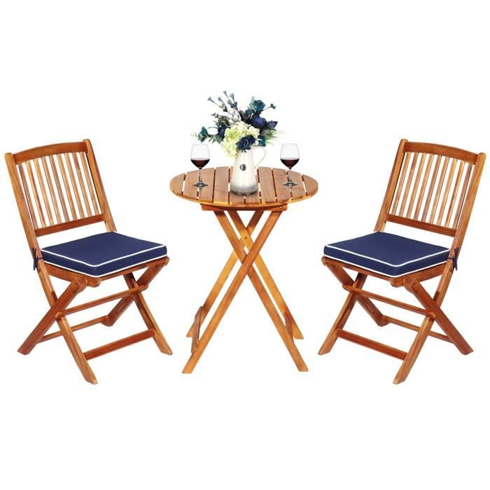 COSTWAY 3PCs Salon de Jardin Pliable en Bois dAcacia - 1 Table 2 Chaises 2 Coussins Bleu Amovibles - Salon Terrasse Bistrot