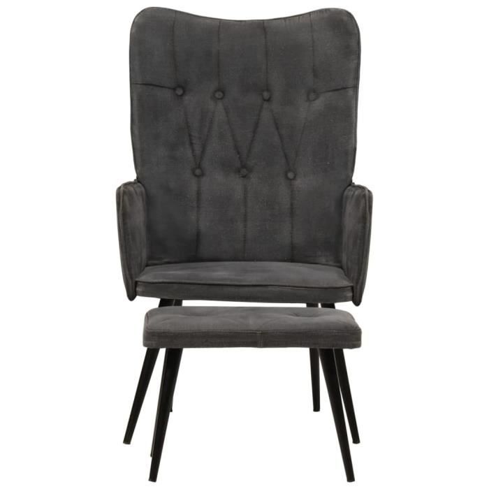 chaise à oreilles duokon - noir vintage toile - pieds en fer - accoudoirs - repose-pied inclus