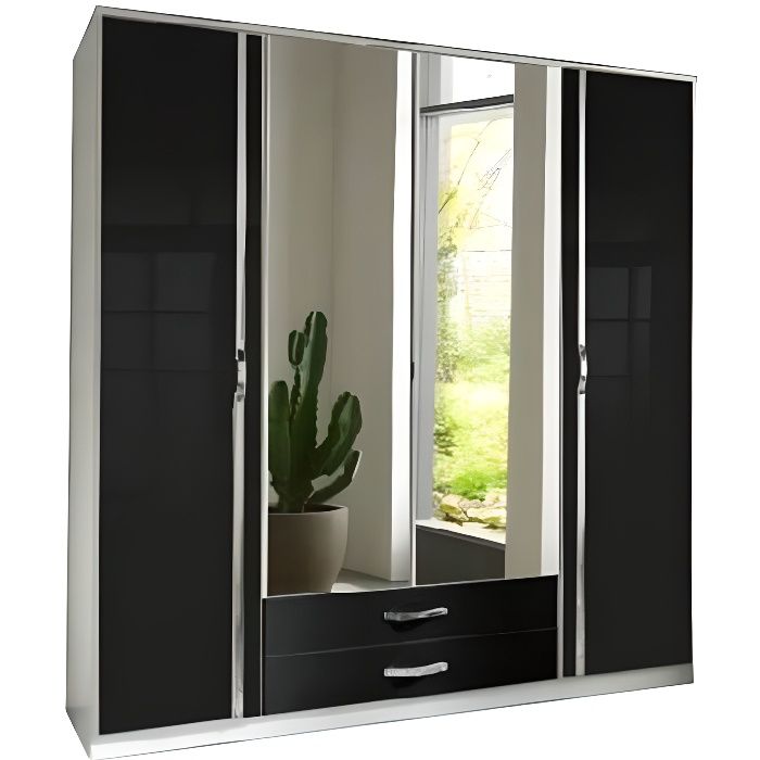 Armoire Kroos 4 Portes 2 Miroirs Au Centre Et 2 Tiroirs Corps Coloris Blanc Facade Laquee Noir Brillant Noir Mdf Inside75 Achat Vente Armoire De Chambre Armoire Kroos 4 Portes