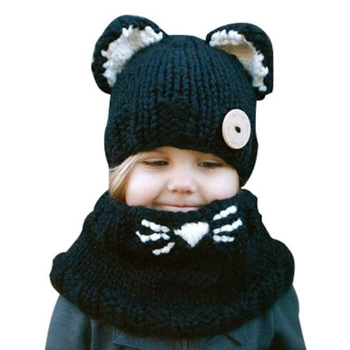 Bonnet écharpe ensemble deux pièces hiver enfant fille et garçon tricoté  laine forme chat chic chapeau épais élastique Noir ajustabl Noir Noir -  Cdiscount Prêt-à-Porter