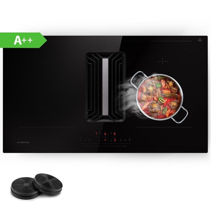 Plaque à Induction Klarstein Verosteel 80 Cm Avec Hotte Intégrée - 4 Zones (7400W), Curseur Tactile, Minuterie - Acier/Verre Noir - Sécurité Enfant