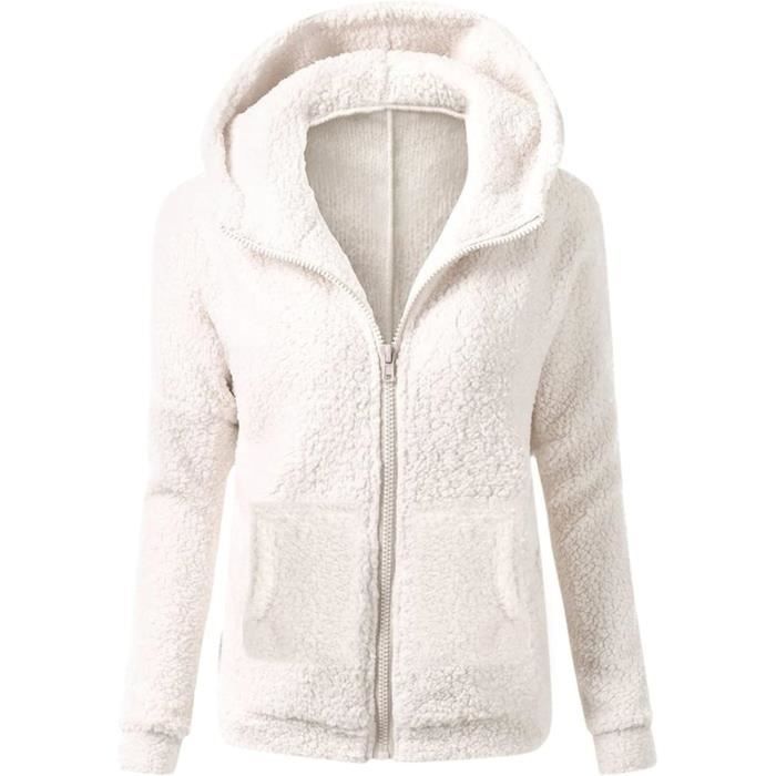Sweat Capuche Zipp Femme Veste Polaire Pull Manche Longue Poche Manteau Polaire Femme Hiver Chaud Chic GILET CARDIGAN Blanc