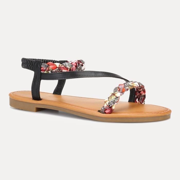 Sandales Femme LA MODEUSE Noires Foulard Tresse et Strass Talon Plat Boucle de Serrage Noir Cdiscount Chaussures