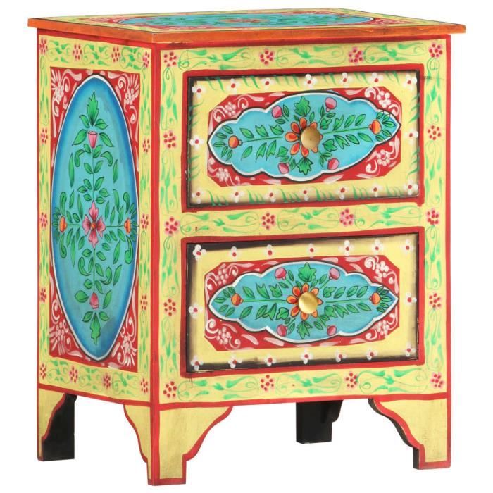 Chambre Meuble de chevet Multicolore Table de chevet peinte à la main 40x30x50 cm Bois de manguier -[1549]