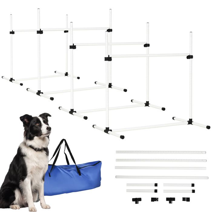 Agility pour chiens - PawHut - kit parcours 4 obstacles professionnels hauteur réglable sac transport - acier - blanc