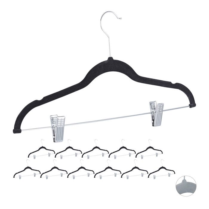 24x Cintres en velours pinces clips manteaux pantalons robes vêtements crochet 360° 43 cm antidérapant noir