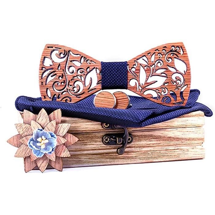 HZQIFEI Ensemble 4 Pièces Noeud Papillon Bois + Boutons De Manchette + Broche + Carré De Poche