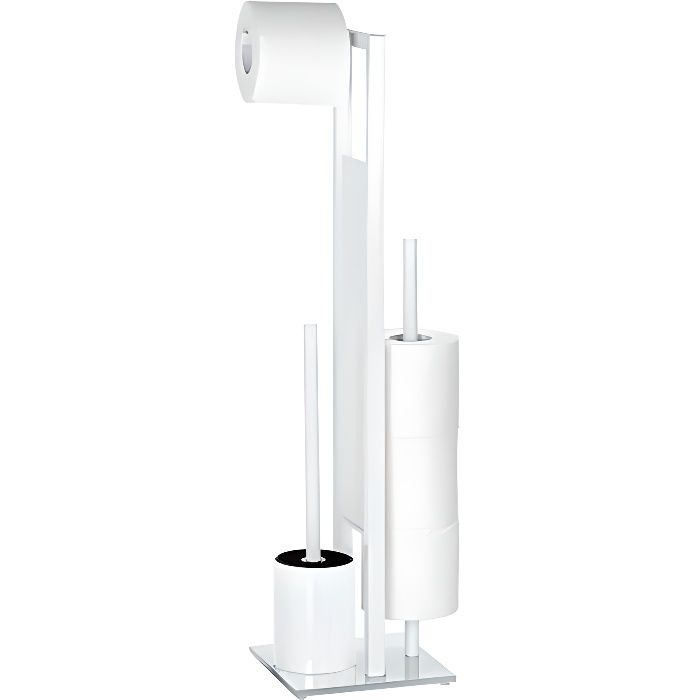 WENKO Serviteur WC 2en1, Rivalta, Brosse WC et dérouleur papier toilette, Acier et verre trempé, 18x70x23 cm, blanc