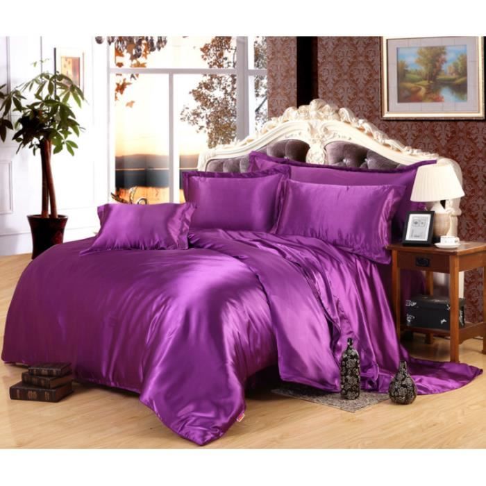 Parure de drap en Soie Satinée - Parure de lit 4 Pcs = 2 Taies doreiller 1 Drap 1 Housse de Couette - 220x240cm - violet