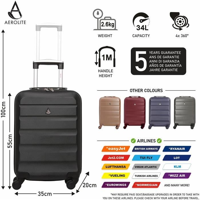 Aerolite ABS 55x35x20 Cabine Bagage a Main Valise Rigide Legere a 4 roulettes pour Ryanair Easyjet Air France Lufthansa
