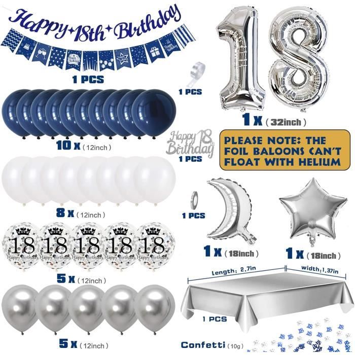 Déco Anniversaire 18 Ans - Bannière Argent Bleu 185x90 Cm - Décoration Fête Pour Garçon Ou Fille