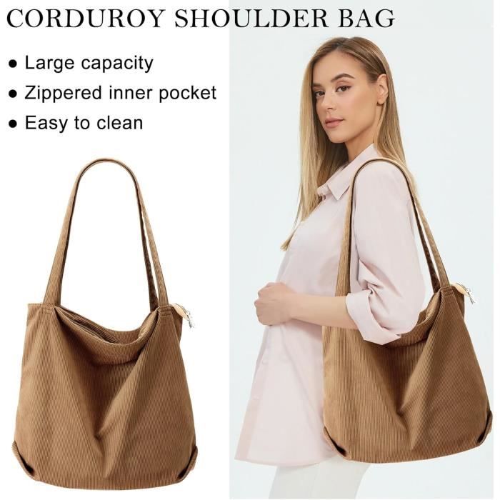 VOSSOT Sac à main en velours côtelé pour femme - Grand bandoulière avec fermeture éclair - Tissu pour université, école, travail, bureau, voyage, shopping, vie VOSSOT Sac à main en velours côtelé pour femme - Grand bandoulière avec fermeture éclair - Tissu pour université, école, travail, bureau, voyage, shopping, vie