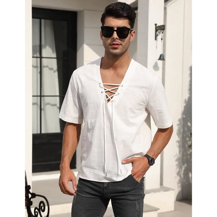 Chemise Homme Lin de Coton Ete Col V Cordon D contract Chemise de