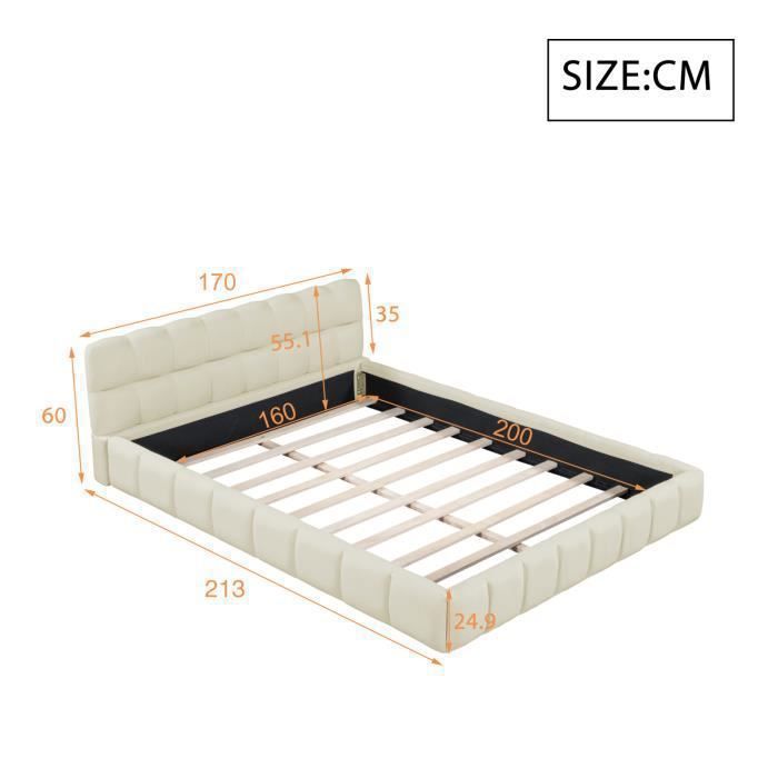 Lit Double Capitonné Avec Rangement Et Barre LED - 160x200 Cm - Blanc Cuir Synthétique
