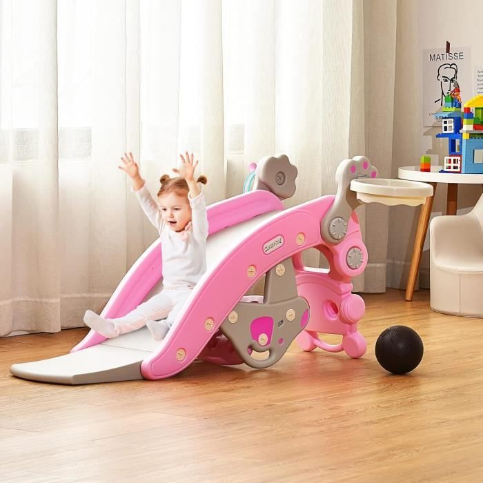 DREAMADE Toboggan 4-en-1 Ours Rose – Cheval à Bascule, Panier De Basket, Lancer D'Anneaux, Siège Amovible – 50 Kg De Charge – Dès 3 Ans