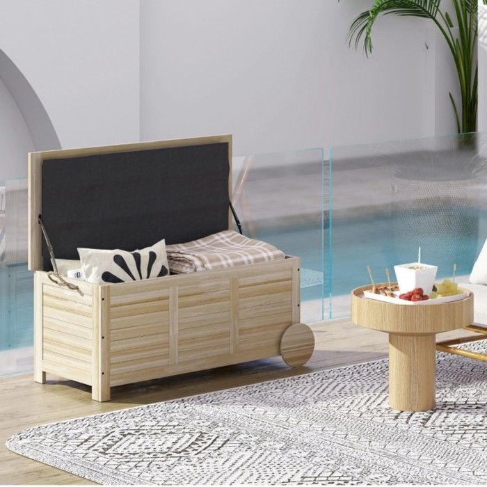 Coffre rangement 185L jardin bois naturel étanche roulettes coussins ...