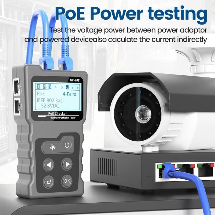Testeur De Réseau RJ45 Avec écran LCD - Test PoE, Continuité, Bouclage, Tension - Pour Câbles Cat5/Cat6/Cat6a - Portable Avec Adaptateurs Inclus