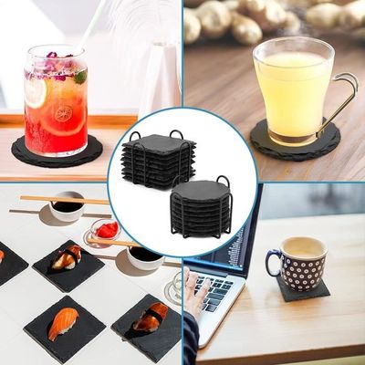 SHUESS - Lot De 12 Dessous De Verre En Ardoise Naturelle, 10 Cm, Avec Support Métal - Anti-rayures Et Facile à Nettoyer