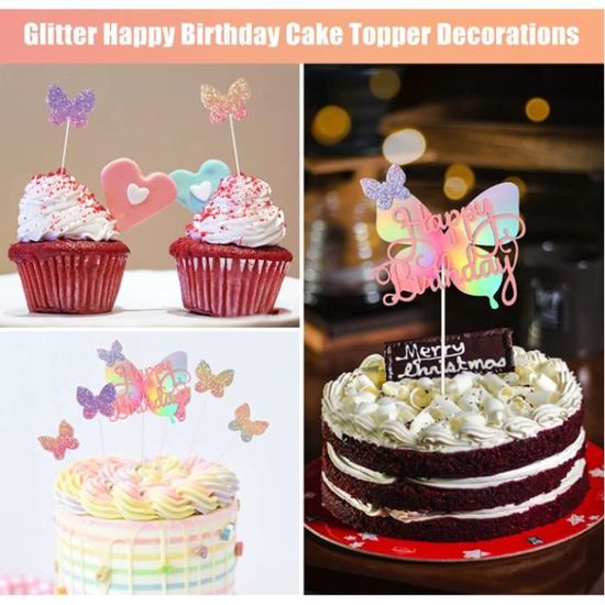 pc Decoration Gateau Anniversaire Fille Papillon Decoration Gateau Cake Toppers Glitter Cake Topper Fille Anniversairearc En Ciel Cdiscount Maison