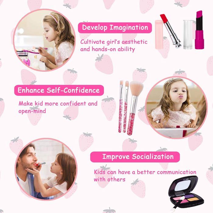 Smartwo Maquillage Enfant en Bois, Jeu de Rôle Coiffeur, Kit Beauté Bois, Malette Faux Maquillage, Coffre à Jouets Coiffure, Accessoires Coiffeuse Fille, avec Trousse Toilette, Cadeau 3 4 5 6 Ans