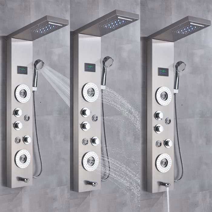 Aqrau Colonne de Douche Hydromassage set, Panneau de Douche en acier inox 304, Tour de Douche avec Pulvérisateur et3 Grandes Buses Massants, Nickel brossé