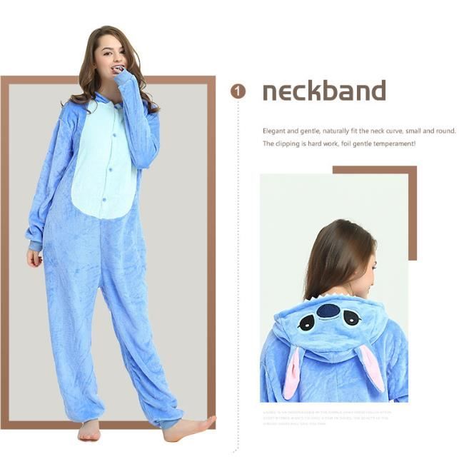 Animal Pjs Combinaison Stitch pour Femme et Homme Pyjama Costume Deguisement pour Cosplay bleu
