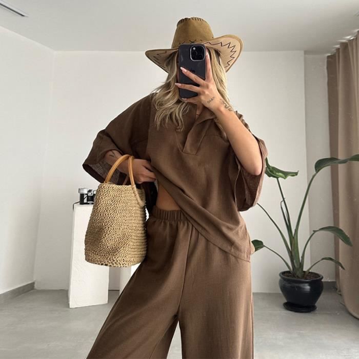 Ensemble de Vetements Femme Taille plus col a revers coupe ample respirante mode decontractee taille haute Noir Noir Cdiscount Pret a Porter