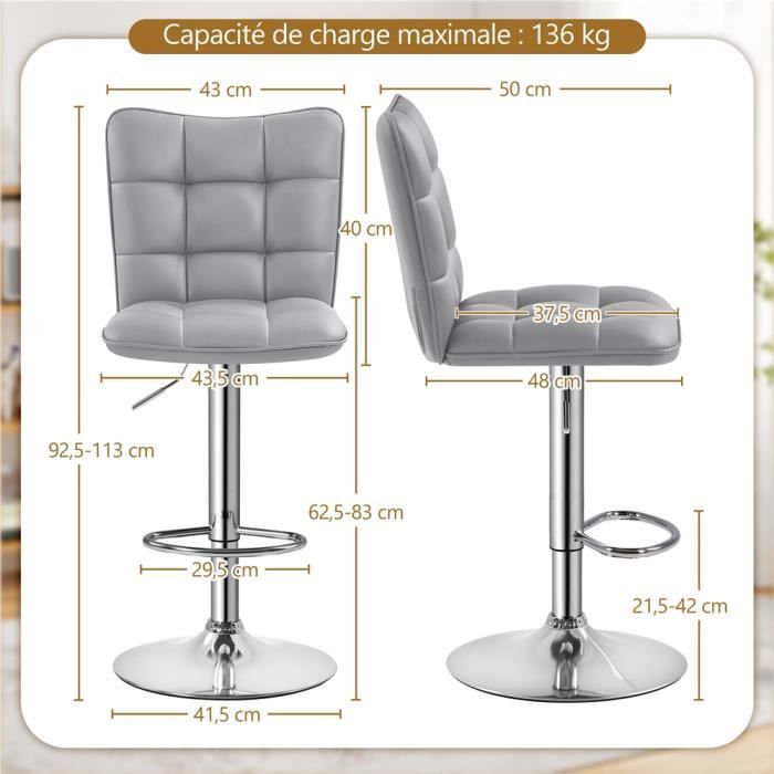 Lot De 2 Tabourets De Bar Yaheetech – Réglables En Hauteur, Rotatifs 360°, Similicuir & Métal, Gris Foncé Moderne
