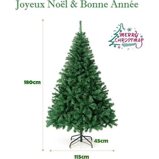 COSTWAY Sapin de Noël Artificiel 180CM Aiguilles en PVC avec 1000 Branches Pied Métallique Solide,pour Maison,Bureau,Magasins