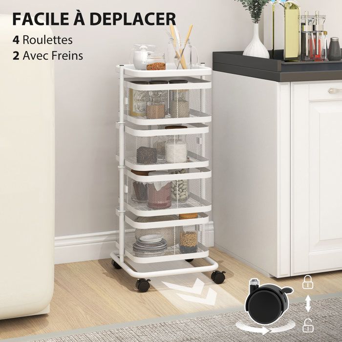 Étagère De Rangement Rotative 4 Paniers Sur Roues - Acier Noir Robuste H75 X Ø30 Cm | Meuble Mobile Cuisine, Salle De Bain, Bureau, Salon