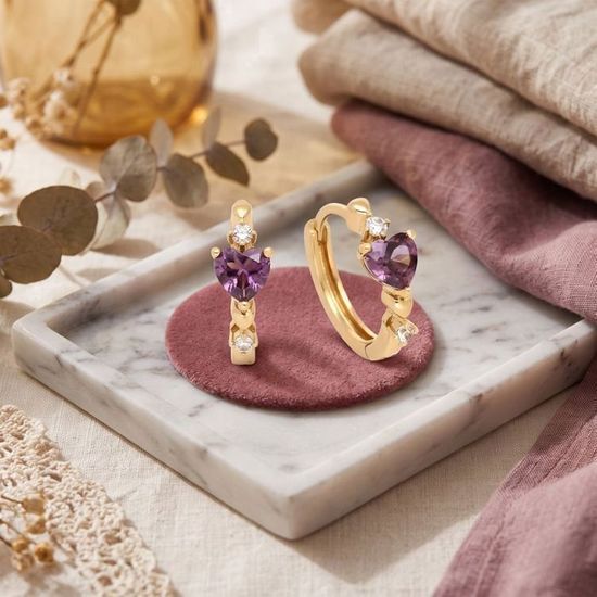 Boucles D'Oreilles Créoles Coeur Cristal - Plaqué Or Jaune 18k - Neuf Avec Étiquettes