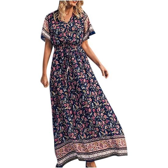 Robe Femme été Col V Manches Courtes – Style Bohème Ample, Couleur Unie – Pour Plage, Vacances, Sortie