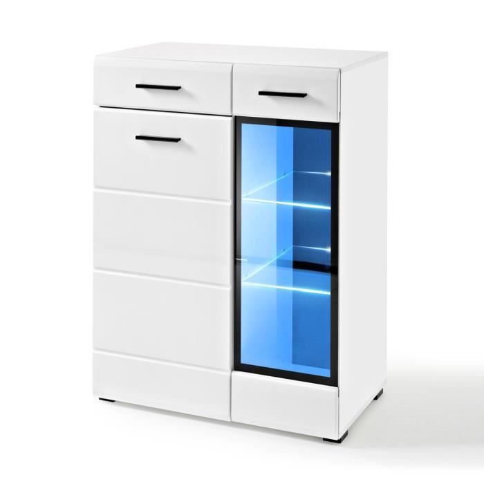 Extreme Furniture Buffet Lauren GL - LED bleues - Blanc Brillant & Blanc - Façades en Brillant - L85cm x H112cm x P41cm