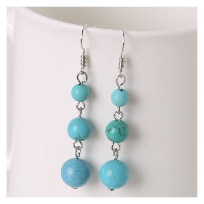 Boucles d'oreilles pendantes 3 boules en Turquoise - Livraison gratuite !!! Bleu