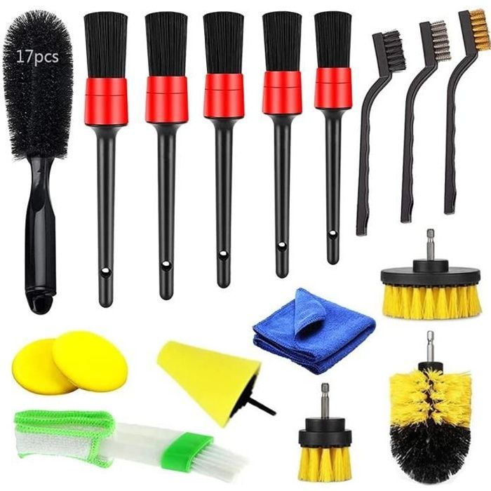 17 Pièce Lot de Brosse Nettoyage Voiture Professionnel, Kit Pinceaux Brosse de Jantes pour Extérieur Interieur de Véhicule