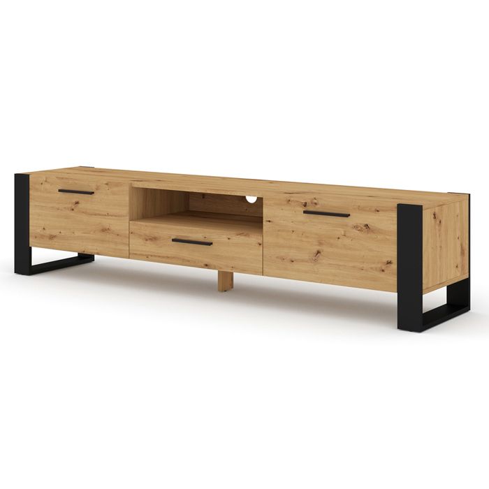 Meuble TV Stand Hi-Fi Nuka 200 cm chêne artisan jambes noires et poignées