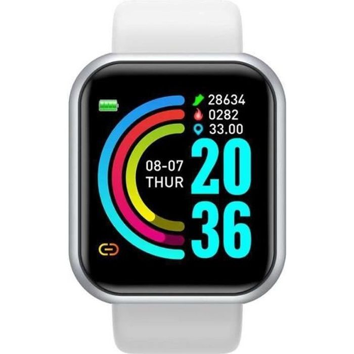 Montre connectée Y68 Étanche Test De Fréquence Cardiaque Grand Écran Fitness Montre Compatible Avec Andriod IOS - Blanc