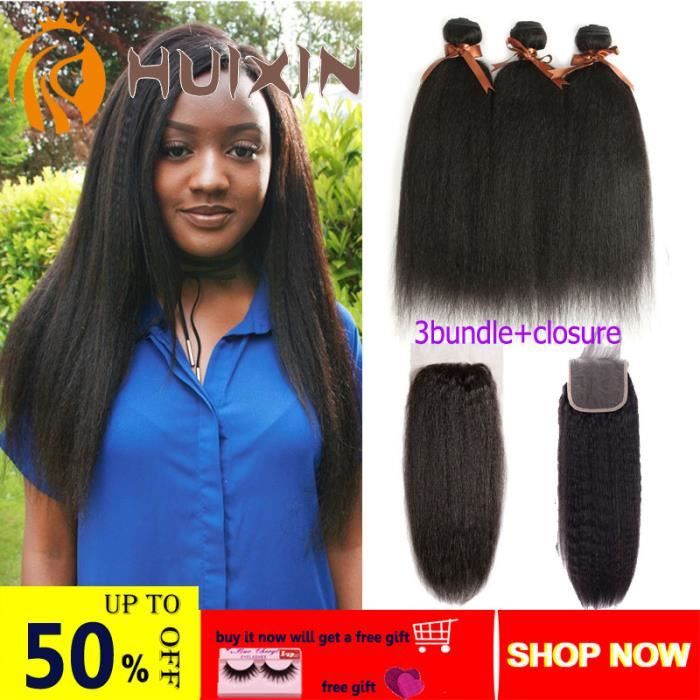 3 paquet 20+22+24 Human Hair Weave Extensions Brésiliens Hair yaki straight hair avce Closure 18pouces