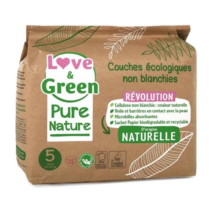 LOVE AND GREEN Couches hypoallergéniques Non blanchies Pure Nature - Certifiées Ecolabel T5 x 33 (11 à 25 kilos)