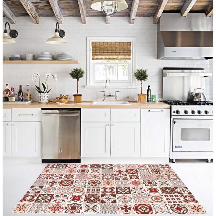 Tapis TRENDY Carreaux de ciment Rouge-Marron, antidérapant et lavable en machine, 120x180cm