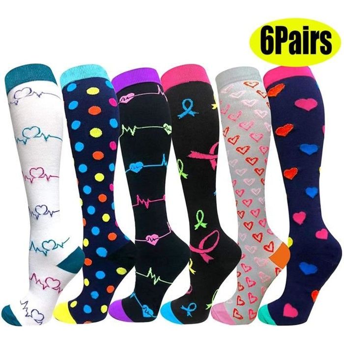 Lot de 6 paires de chaussettes de compression pour femme - Hauteur au genou - 20-30 mmHg - Pour la grossesse, l'athlétisme, la cours