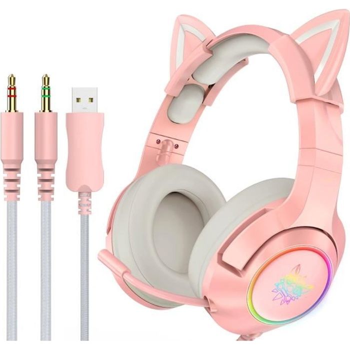 Casque Gamer d'Oreille de Chat Amovible Casque de Jeu Rétractable Suppression du Bruit avec Microphone et Lumière Led
