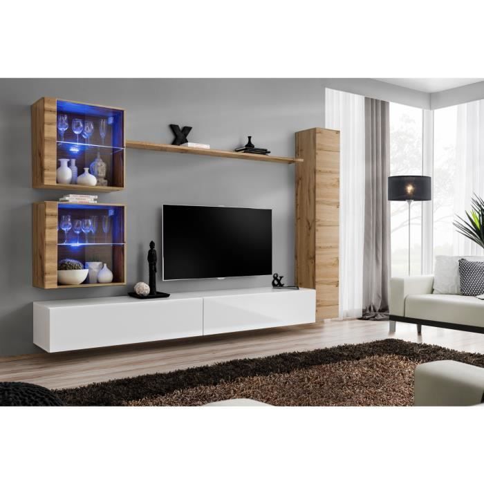 Ensemble meuble salon mural SWITCH XVIII design, coloris blanc brillant et chêne Wotan. 40 Blanc