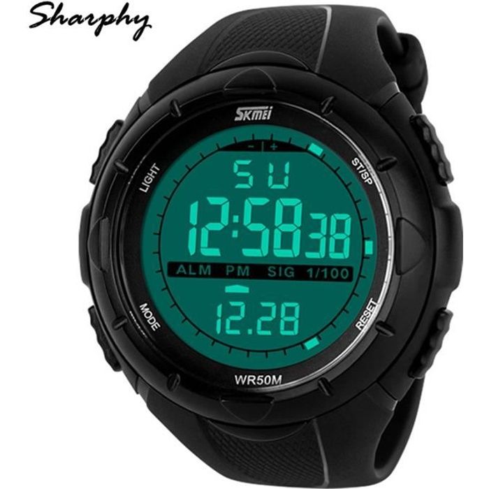 SHARPHY Montre Homme de marque Sport montres à affichage numérique étanche Armée lumineux LED Horloge militaire Noir