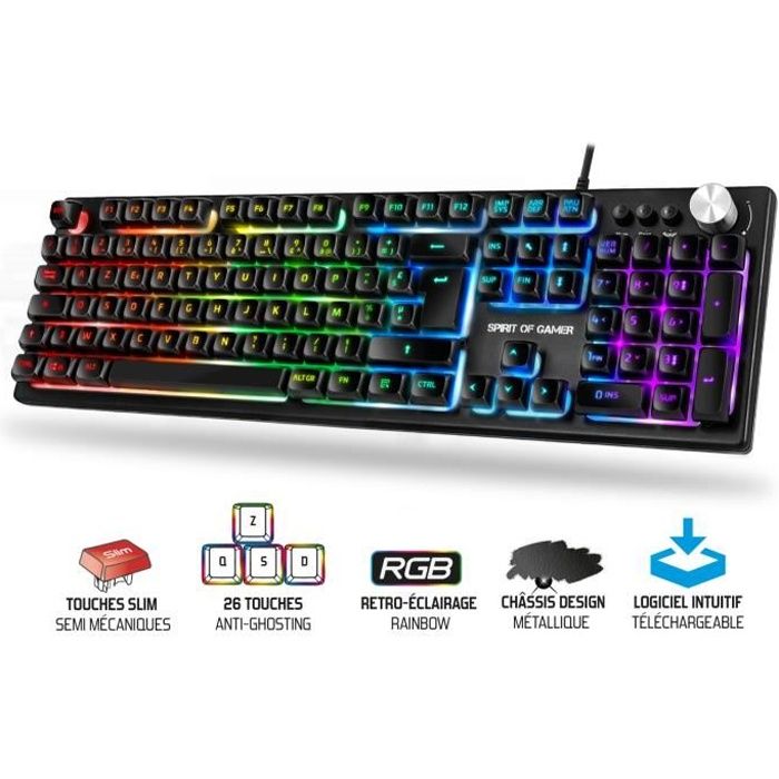 Spirit Of Gamer – PRO K7 – Clavier Semi Mécanique Slim pour PC/PS4/XBOX ONE - Azerty – Rétro Eclairage RGB Rainbow 2 Zones
