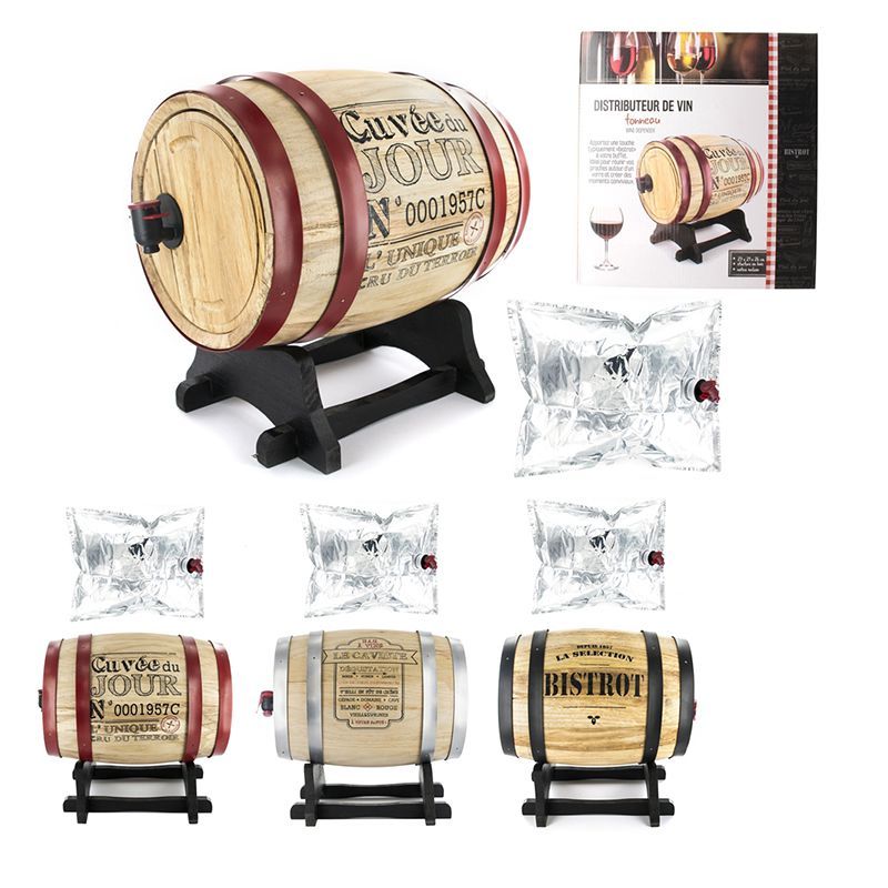 Totally Addict KV7166 Fontaine à boisson Distributeur avec robinet Cave Tonneau de vin Bois et métal Beige et gris ou noir ou rouge