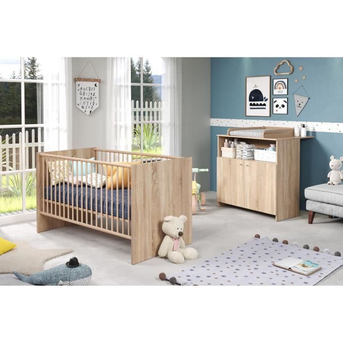 Chambre bébé duo NIKO - Lit 70x140 cm + Commode à langer 2 portes - Décor chêne naturel - TRENDTEAM