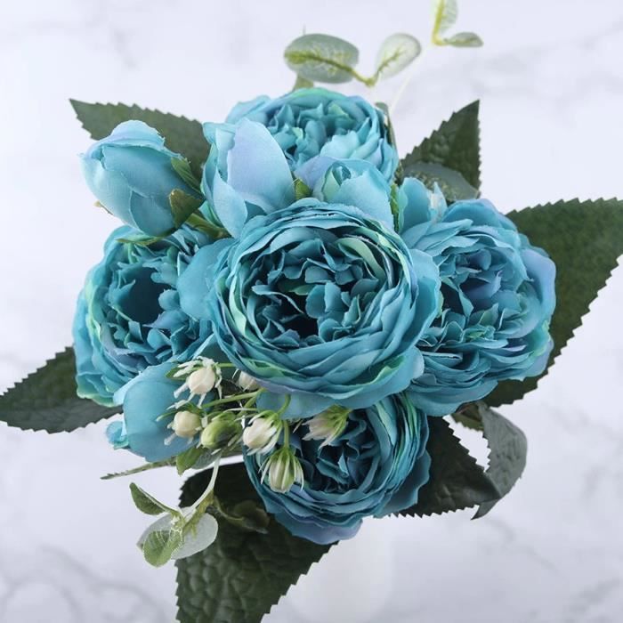 Pivoines en soie, 5 têtes et 4 bourgeons, 30 cm, Bleu, Bouquet de fleurs artificielles roses