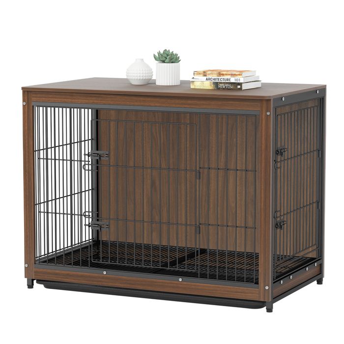 Cage Chien en Bois Intérieur Meuble Cage pour Chien Grande Taille avec Double Porte 97x58x75cm