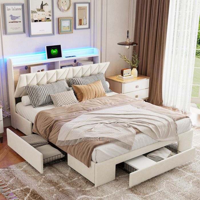 Lit adulte 160x200 cm avec 3 tiroirs Tête de lit avec USB type-C deux prises et éclairage LED tissu en velours beige